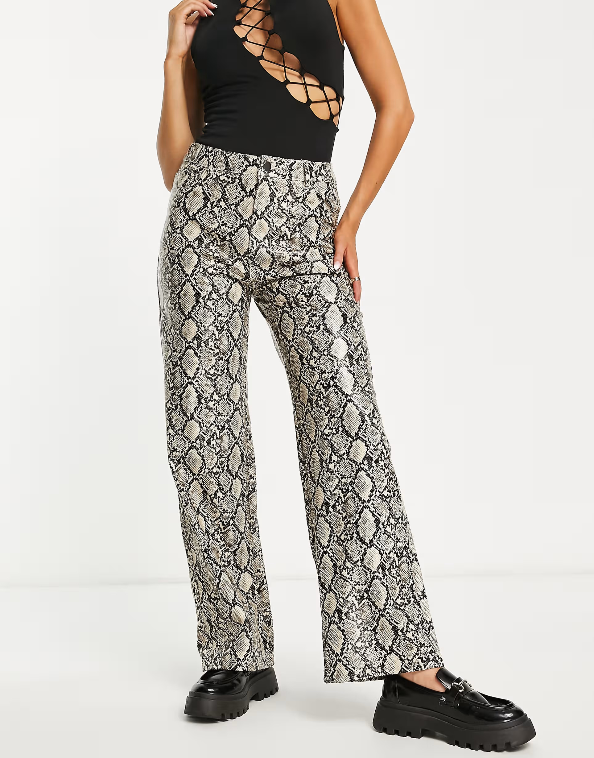 Stradivarius faux leather straight trouser in snake print | ASOS (Global)
