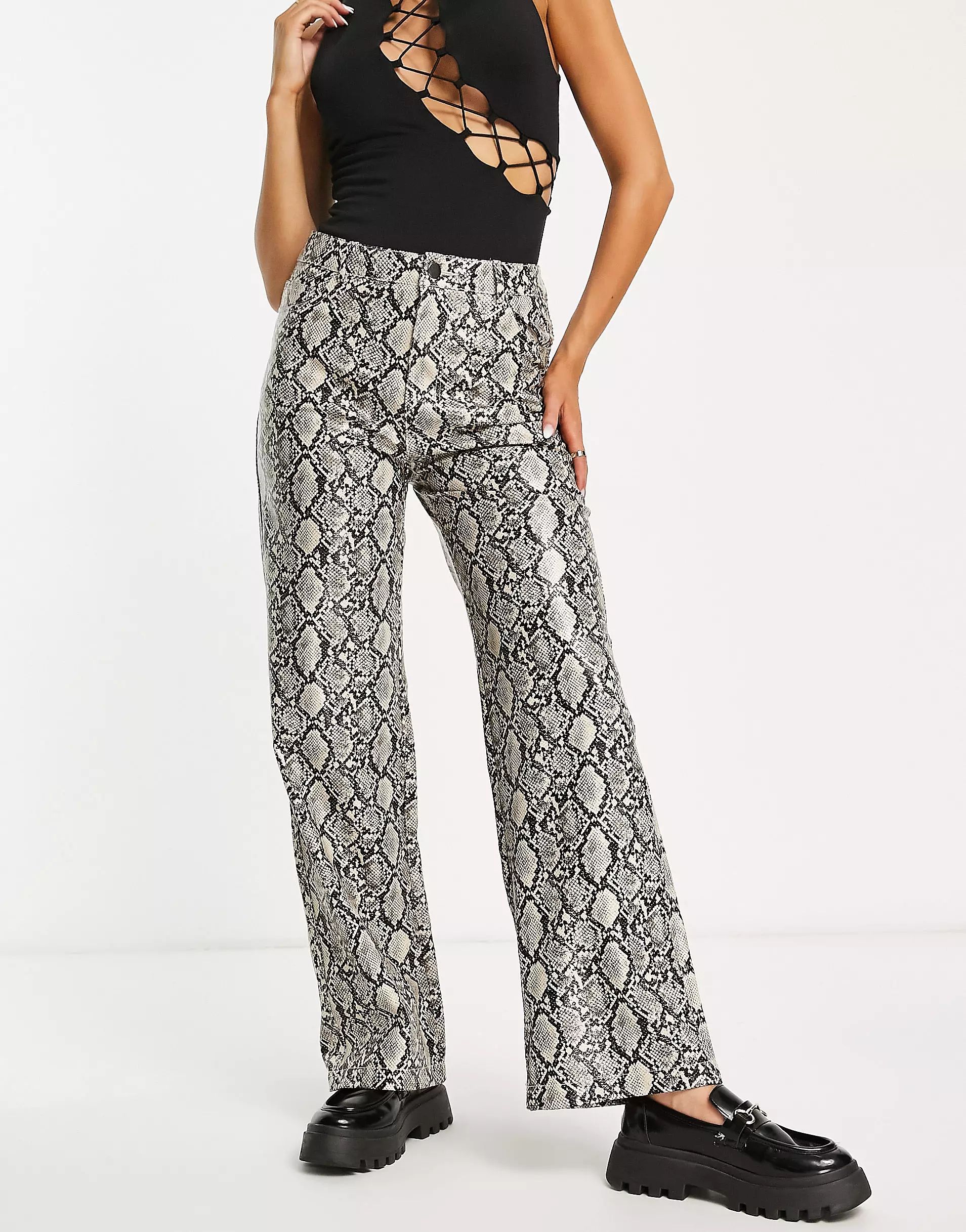 Stradivarius faux leather straight trouser in snake print | ASOS (Global)