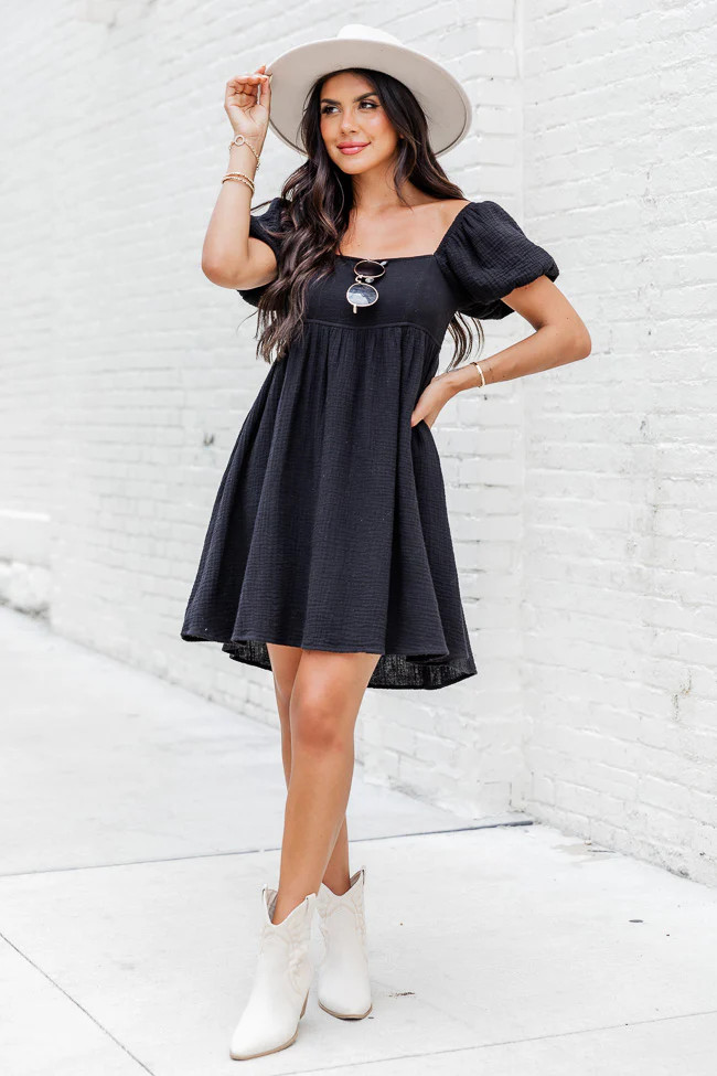 Found Your Way Black Puff Sleeve Mini Dress Romper | Pink Lily