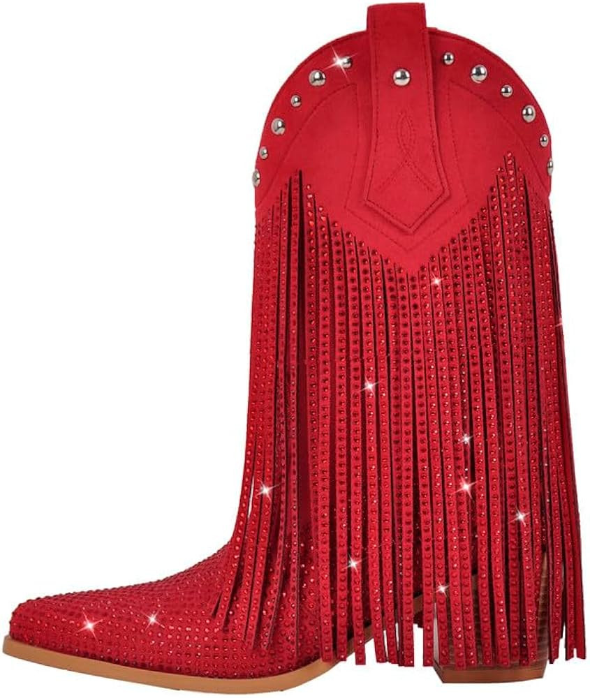 sexytag Women's Sparkly Fringe Cowgirl Cowboy Boots for Women Wide Calf Tassal Western Mid-calf B... | Amazon (US)