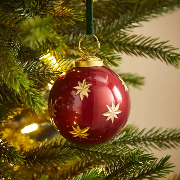 Burgundy Etched Star Glass Bauble | Dunelm