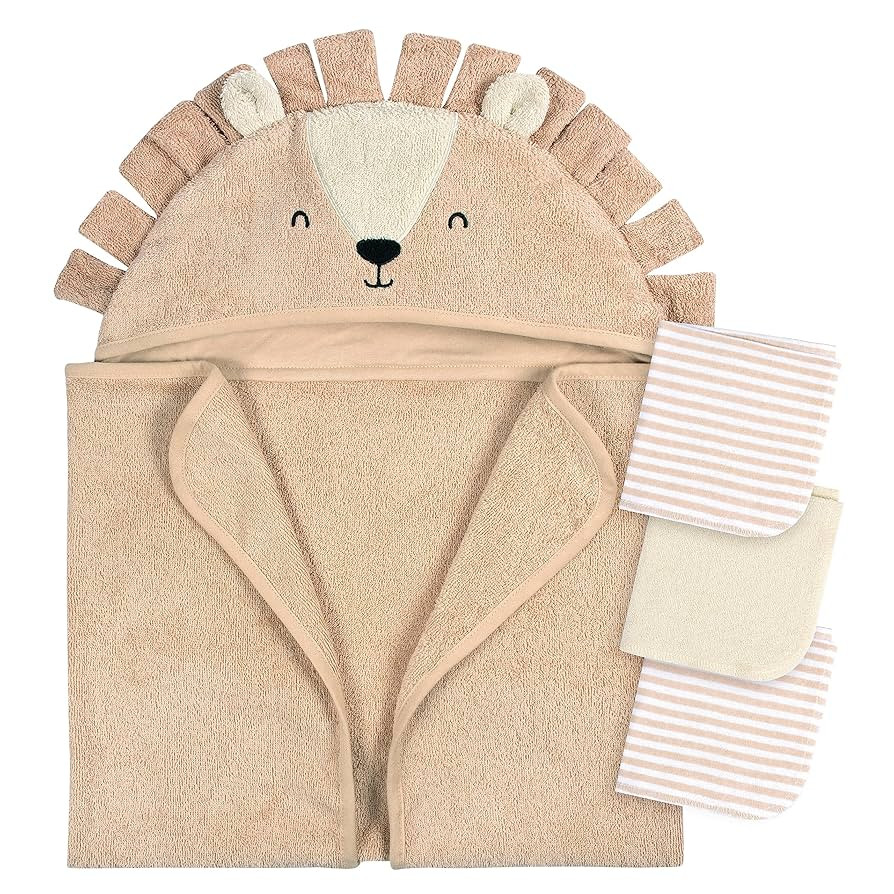 Gerber Baby 4 Piece Animal Character Hooded Towel and Washcloth Set, Brown Lion, One Size | Amazon (US)