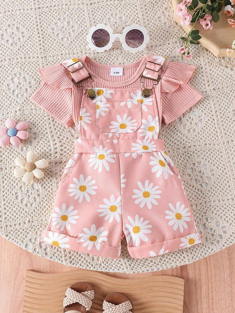 Uniform 2pcs Baby Girls' Cute Short Sleeve Ruffle Bodysuit And Flower Print Overalls Set, Summer, Warm Pink Set Suitable For Daily Summer Fun | SHEIN