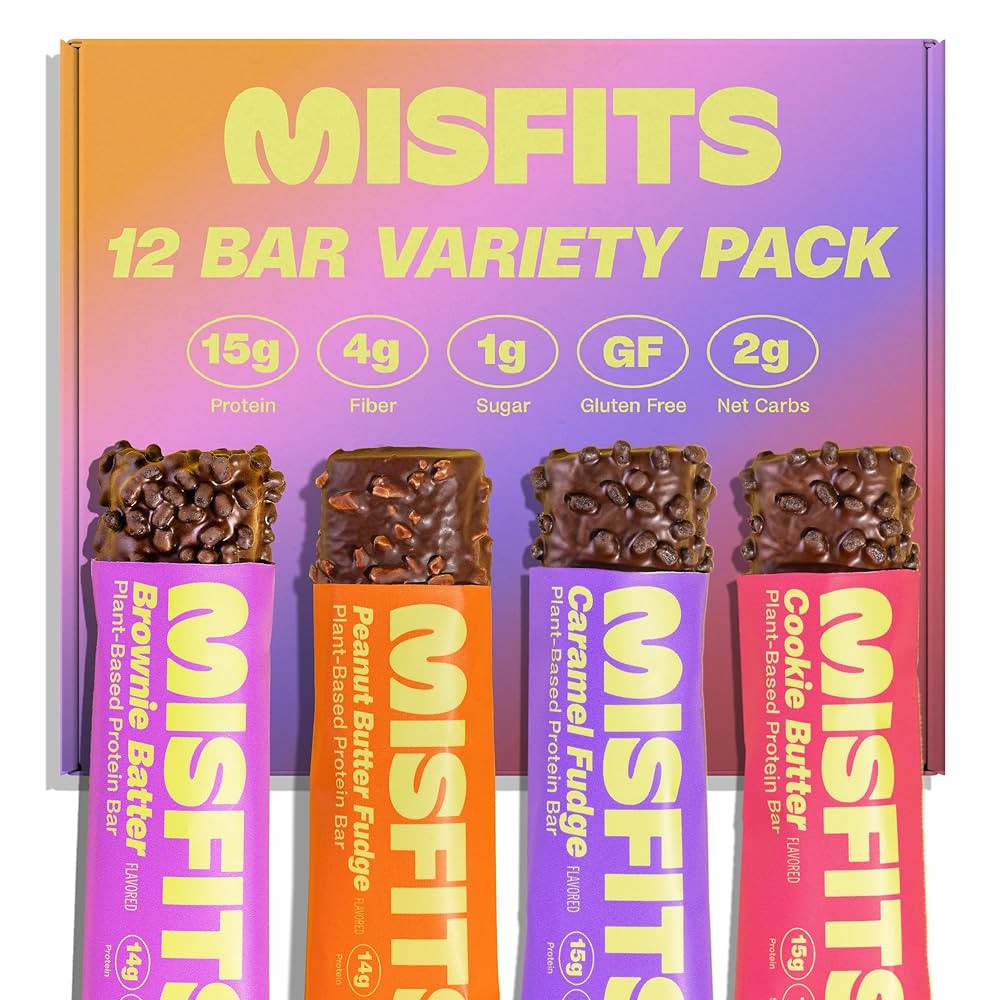 Misfits Vegan Protein Bars - Updated Gluten Free Recipe | Plant Based, Low Sugar & Carb, High Fib... | Amazon (US)