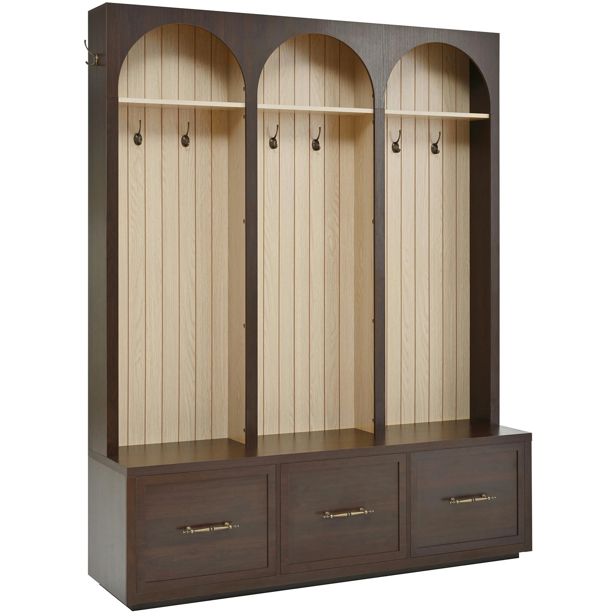 Misopily Hall Tree with Three Arches Natural Wood Grain Panels Wide Bench Eight Hooks and Three Drawers for Entryway Storage and Organization | Lowe's