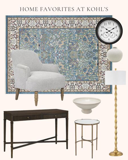 Home decor and furniture favorites at Kohl’s. Living room. Fluted 2-drawer storage console table. Upholstered accent chair. Oval mirror end table. Small round ribbed vase. Table decor. Weathered black indoor outdoor wall clock with thermometer and hygrometer. Ceramic pedestal bowl. Gold floor lamp. Blue patterned area rug  

#LTKhome