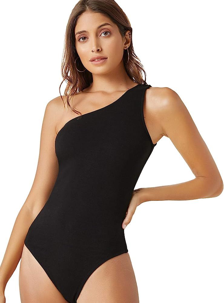 Verdusa Women's One Shoulder Sleeveless Skinny Leotard Tank Bodysuit Top | Amazon (US)