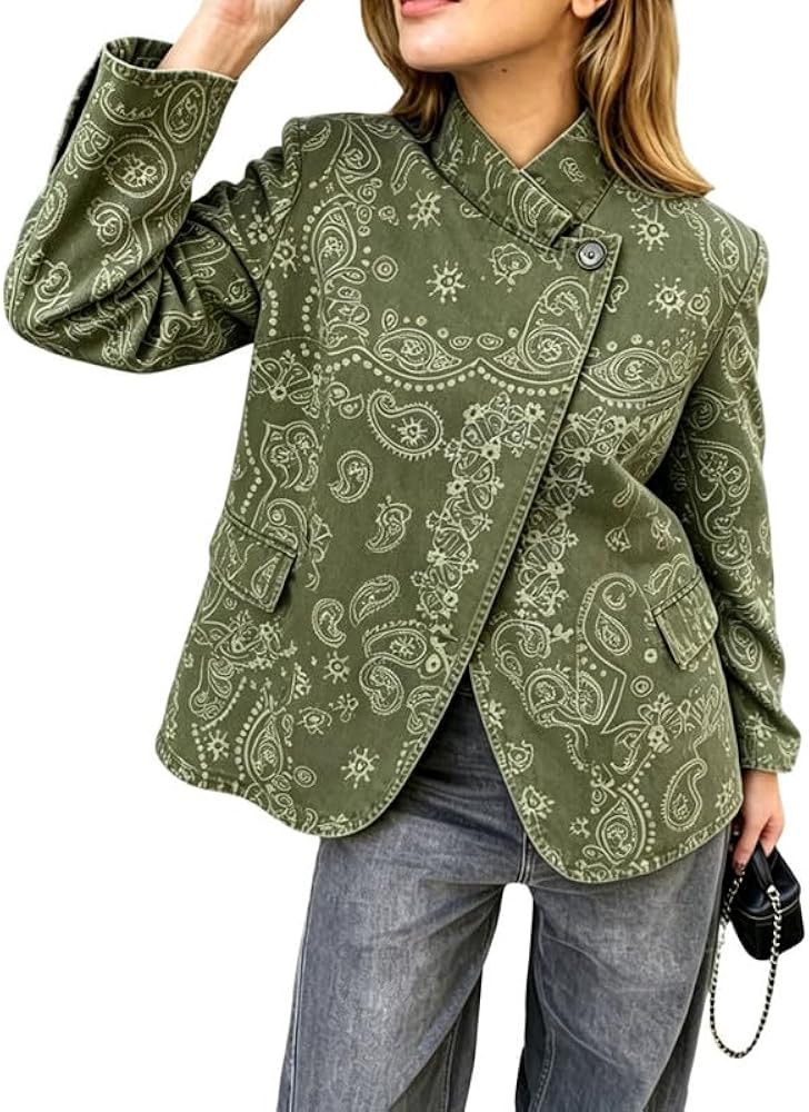 Women Paisley Jean Jacket Dressy Stand Collar Button Down Pin Striped Print Denim Coat with Pocke... | Amazon (US)