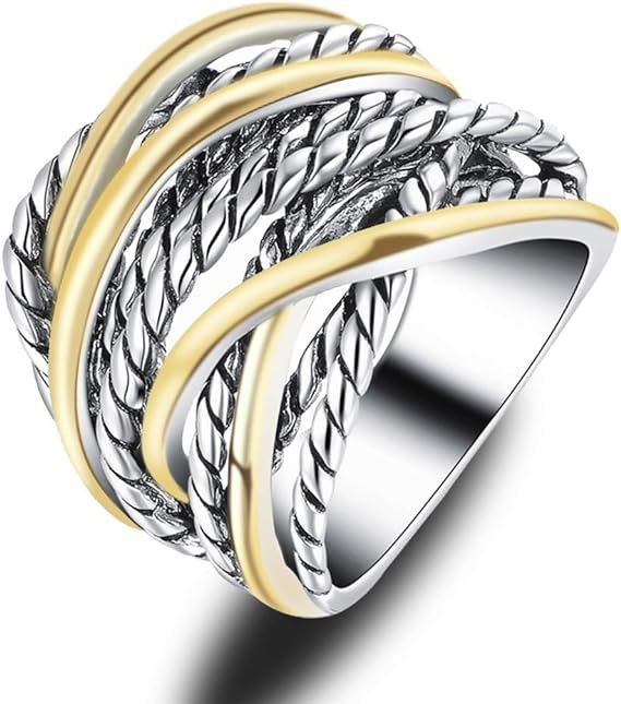 Mytys Silver 2 Tone Wide Statement Rings Vintage Cable Wire Crossover Chunky Band Rings for Women... | Amazon (US)
