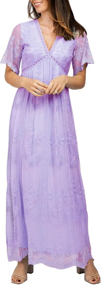 Women Embroidered Lace Maternity Dress for Photoshoot V Neck Baby Shower Maternity Gown Wedding L... | Amazon (US)