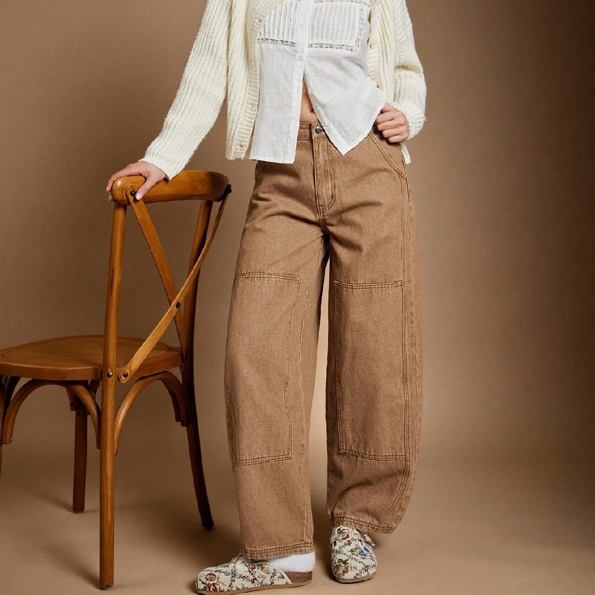 WESTFADE Mid Rise Loose Barrel Leg Cotton Blend Denim Utility Jeans Fall, Autumn, Winter | SHEIN