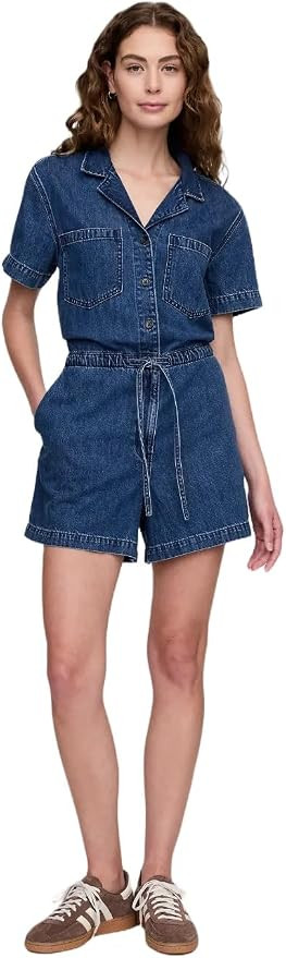 GAP Women's Tie Waist Denim Romper | Amazon (US)