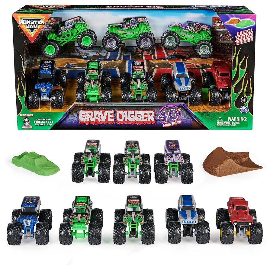 Monster Jam, Grave Digger 40th Anniversary 8-Pack Monster Trucks with Bonus Accessories, 1:64 Sca... | Amazon (US)