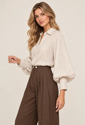 Carmine Long Puff Sleeve Collared Button Up Top | Benaar La