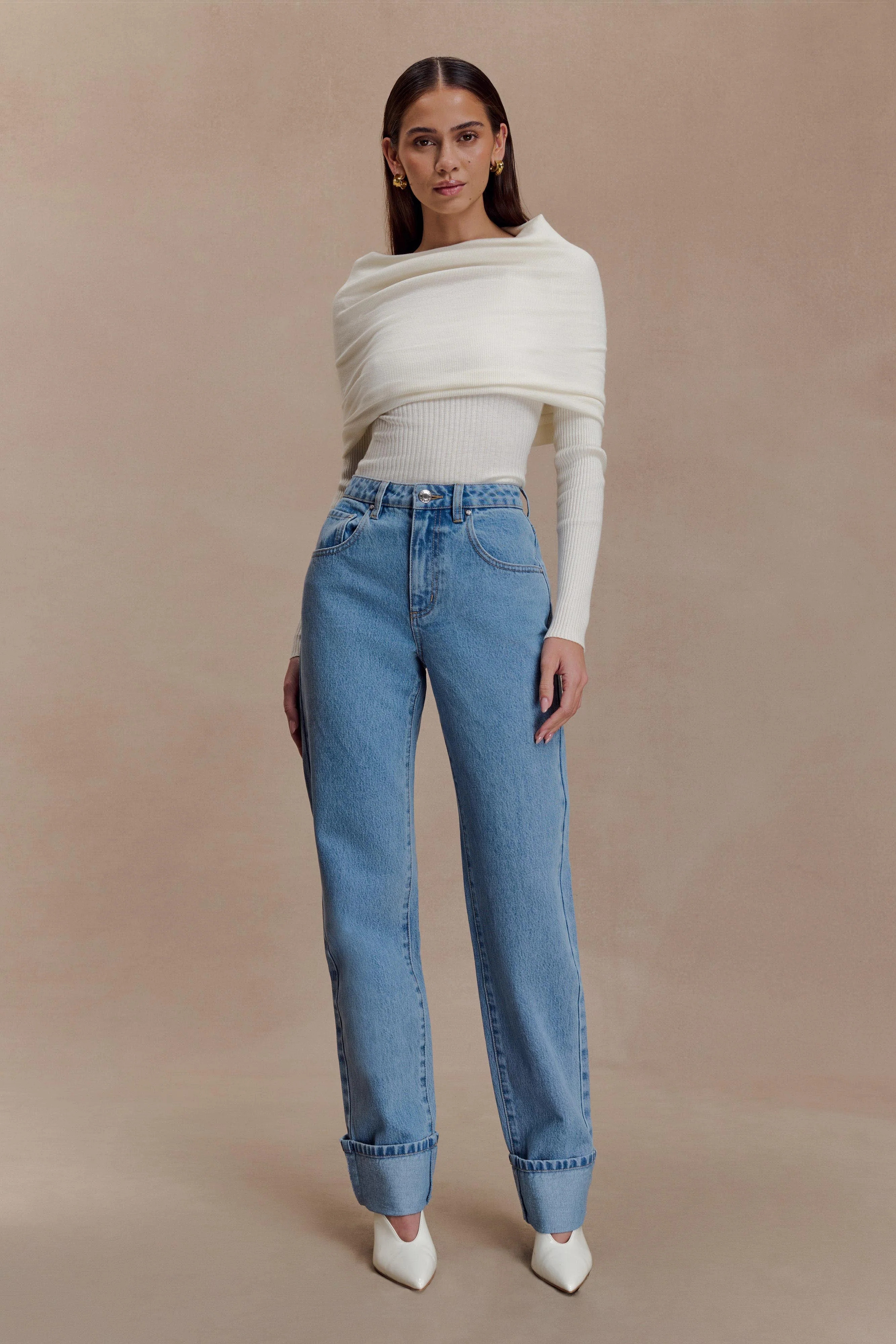 Straight Leg Cuffed Jeans - Classic Blue | MESHKI US