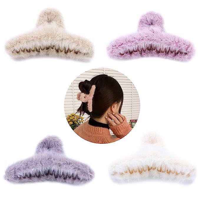 VinBee 4 PACK Large Faux Fur Hair Claw Clips Plush Hair Catch Barrette Jaw Clamp for Women Half B... | Amazon (US)
