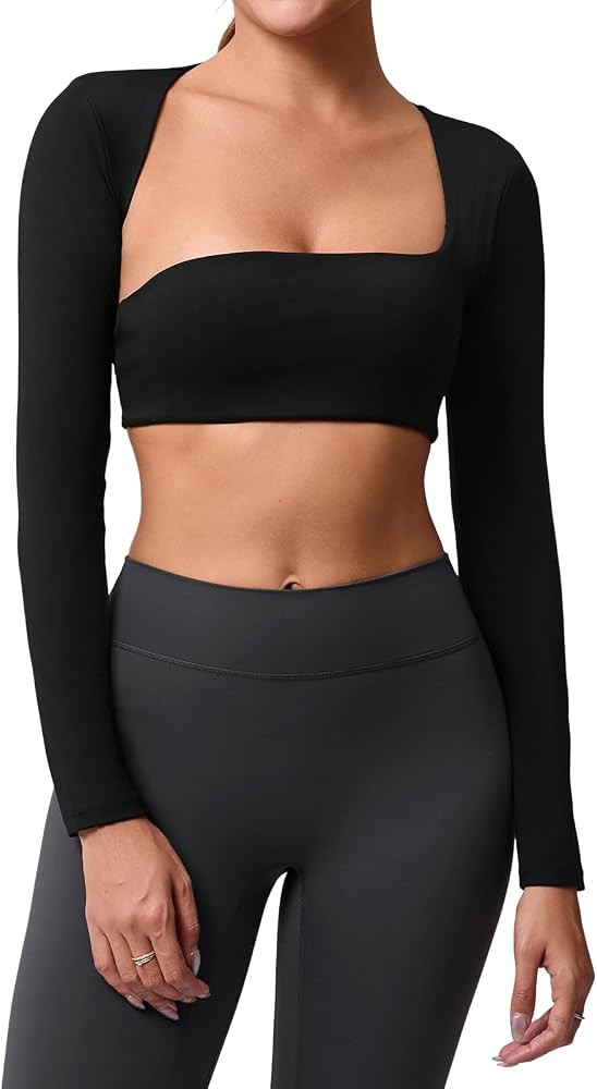 ABOCIW Womens Square Neck Long Sleeve Workout Crop Tops with Built in Bra Slim Fit Cutout Back Gy... | Amazon (US)