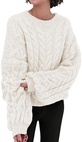 PRETTYGARDEN Womens Sweaters Fall 2025 Cable Knit Long Sleeve Crewneck Oversized Sweater Chunky P... | Amazon (US)