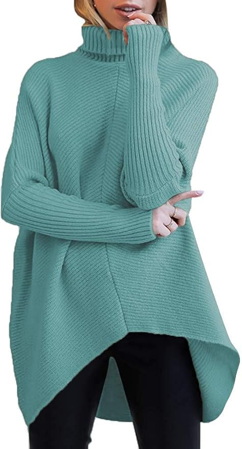ANRABESS Womens Turtleneck Long Batwing Sleeve Asymmetric Hem Casual Pullover Sweater Knit Tops | Amazon (US)