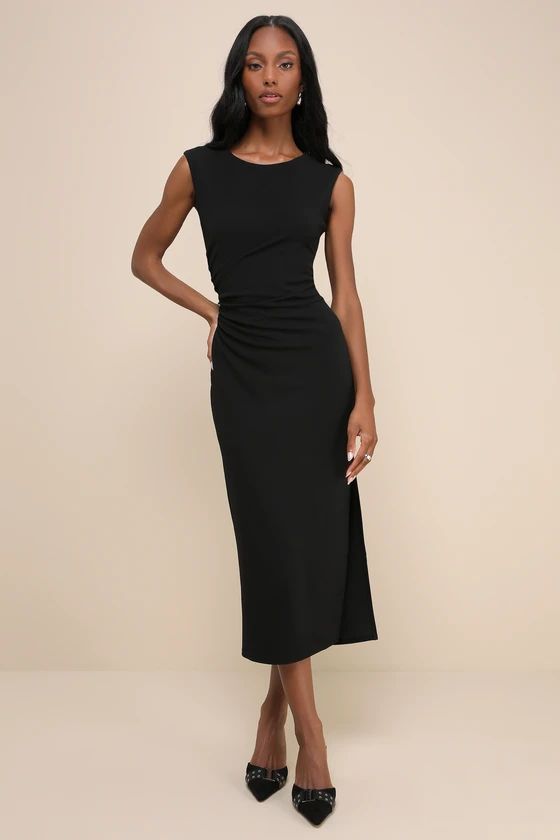 Black Boat Neck Ruched Midi Dress | Black Dress Casual | Black Party Dress | Lulus