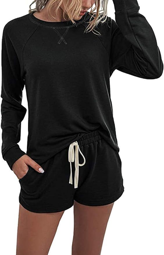 Lveberw Pajamas Set Womens, Long Sleeve Sweatshirt with Shorts Lounge Set, Casual Two Piece Sleep... | Amazon (US)
