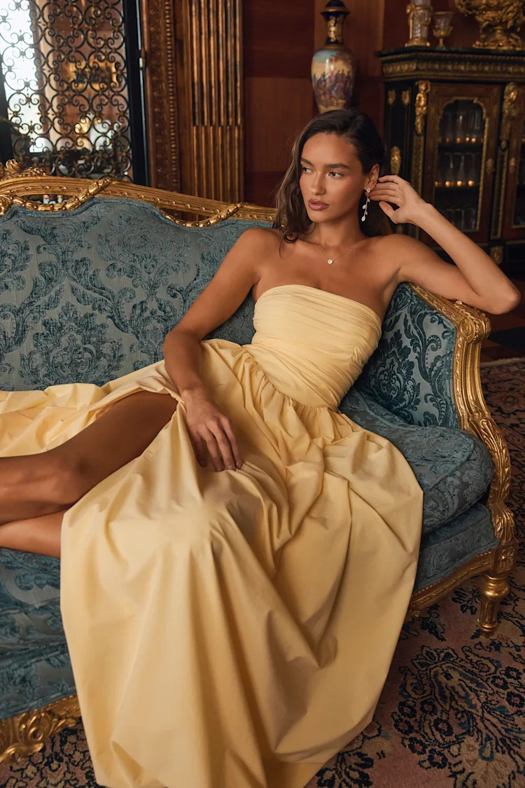 Marilou Light Yellow Strapless Ruched Lace-Up Maxi Dress | Lulus