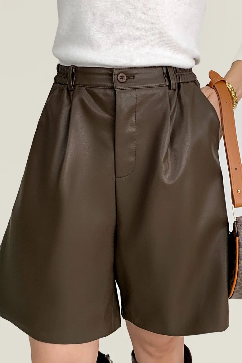 Brown Elastic Waist Vegan Leather Bermuda Shorts | J.ING