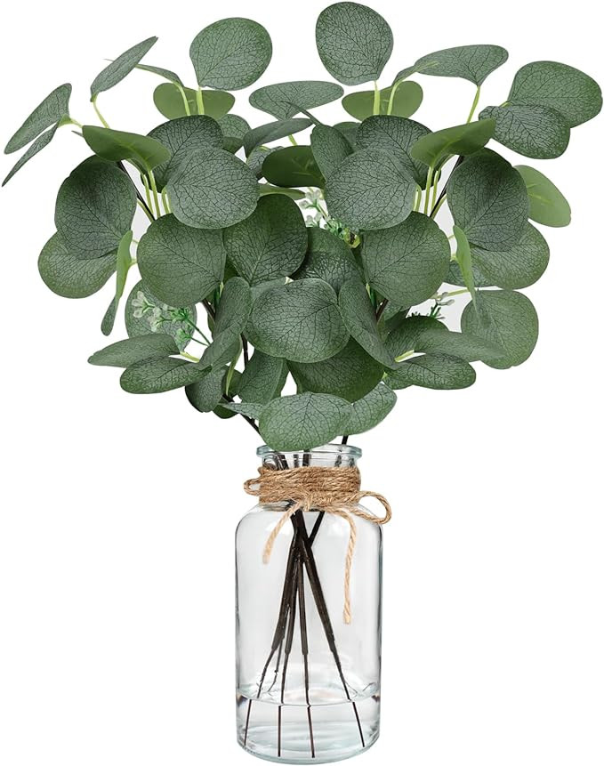 Artificial Eucalyptus Stems in Glass Vase 14" 6Pcs Faux Eucalyptus Branches Home Table Decor Fake... | Amazon (US)