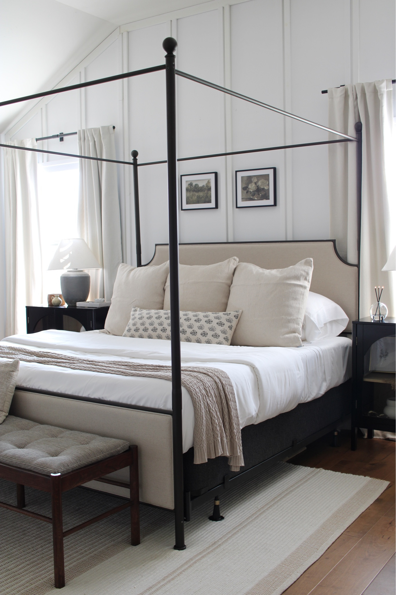 Spring bedroom.  Bed.  Pillows.  Throw blanket.  Rug.  Nightstands.  Curtains.  Cabinet.  Bedding.  Home Depot.  McGee and co.  Woven Nook.  Simply Organic Bamboo.  Target.  Studio McGee.

#LTKhome #LTKSeasonal