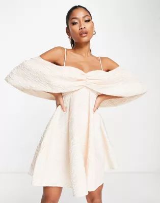 ASOS EDITION off shoulder drape sleeve textured mini dress in blush | ASOS (Global)