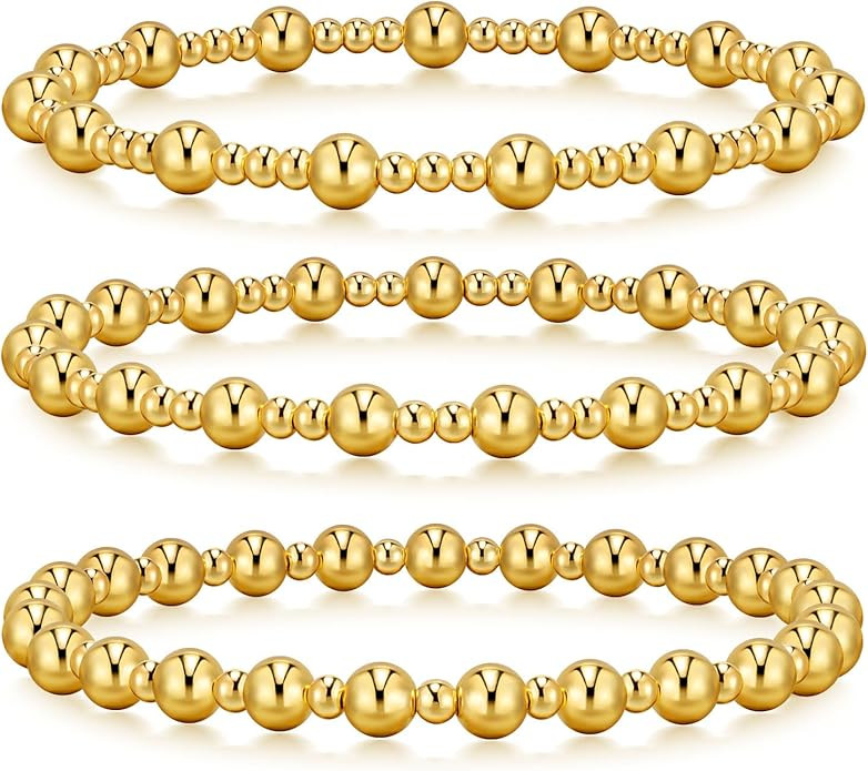 Gold Bracelets for Women Gold Bracelet Stack Gold Beaded Bracelets for Women 18K Gold Plated Stre... | Amazon (US)
