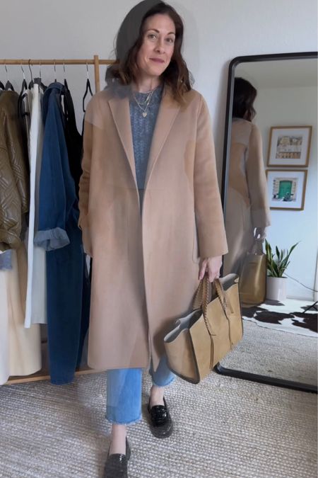 Coat is Italic and similar linked 
Bag and Shoes are Freda - code 15CONNI for 15% off 
Jeans are Monaghan Jean from Frank and Eileen 
Sweater is small brand and similar linked 

#LTKSeasonal #LTKstyletip #LTKshoecrush