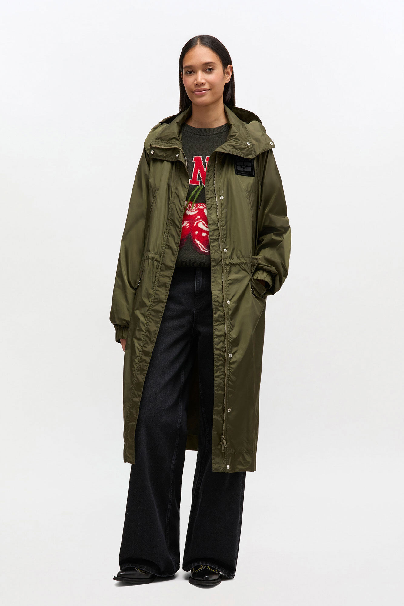 GANNI Nylon Parka Coat - Size 32 Green | Ganni