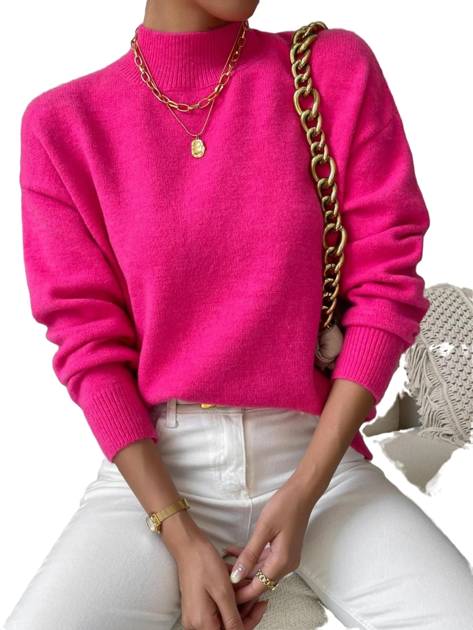 Casual Plain Stand Collar Pullovers Long Sleeve Hot Pink Women Sweaters (Women's) | Walmart (US)
