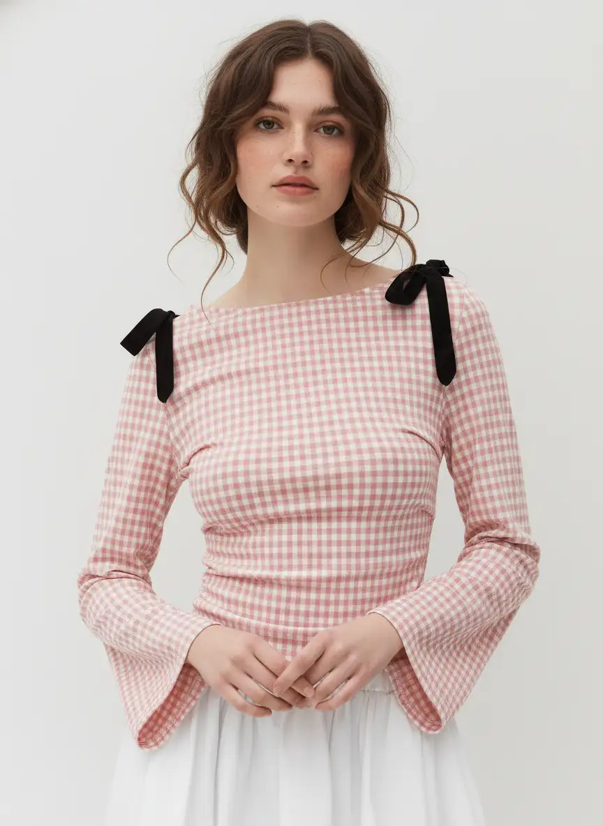 City Chic Knit Fabric Boat Neck Gingham Bowknot Ruched Long Sleeve Top For School | Cider