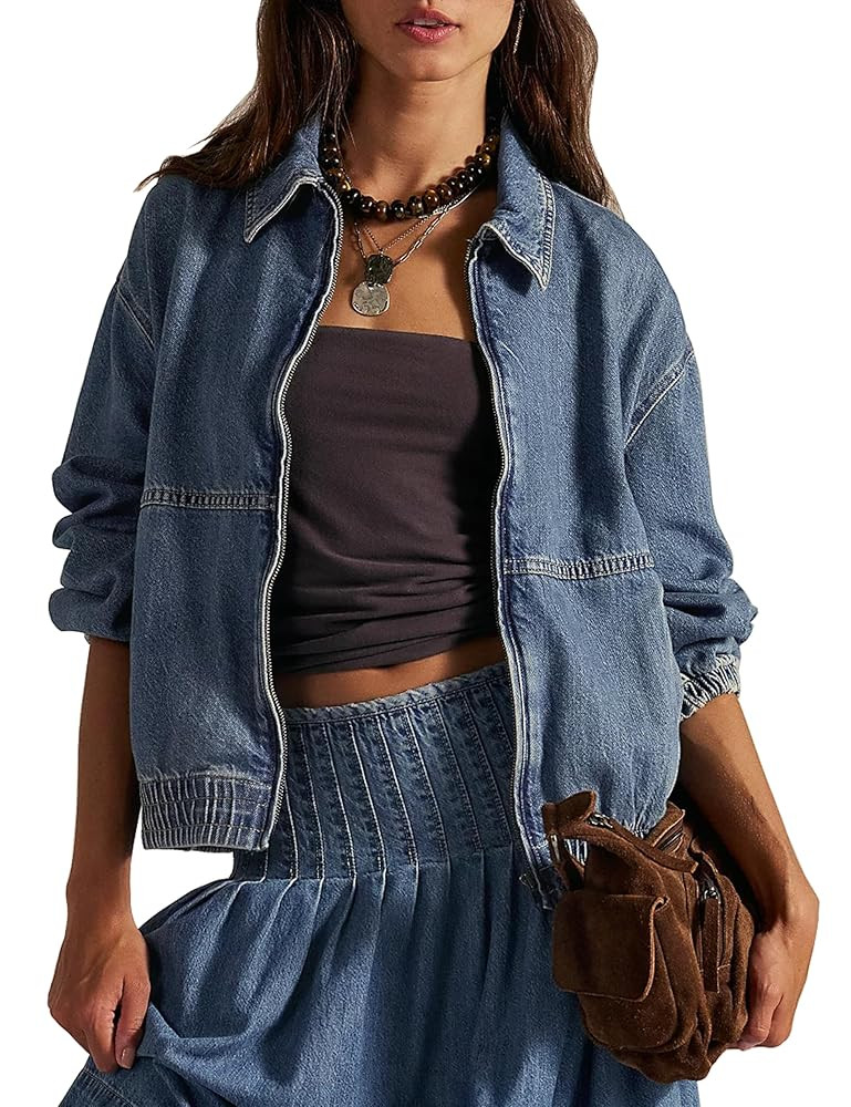 Womens Denim Jackets Long Sleeve Zip Up Elastic Hem Classic Loose Jean Bomber Jacket Outfit | Amazon (US)