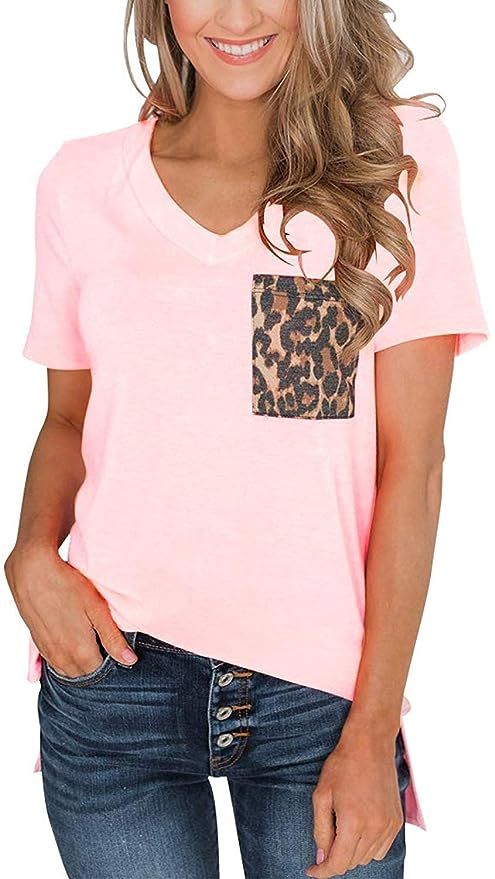 Womens Short Sleeves Casual Loose V Neck T Shirts Basic Tops Leopard with Pocket | Amazon (US)