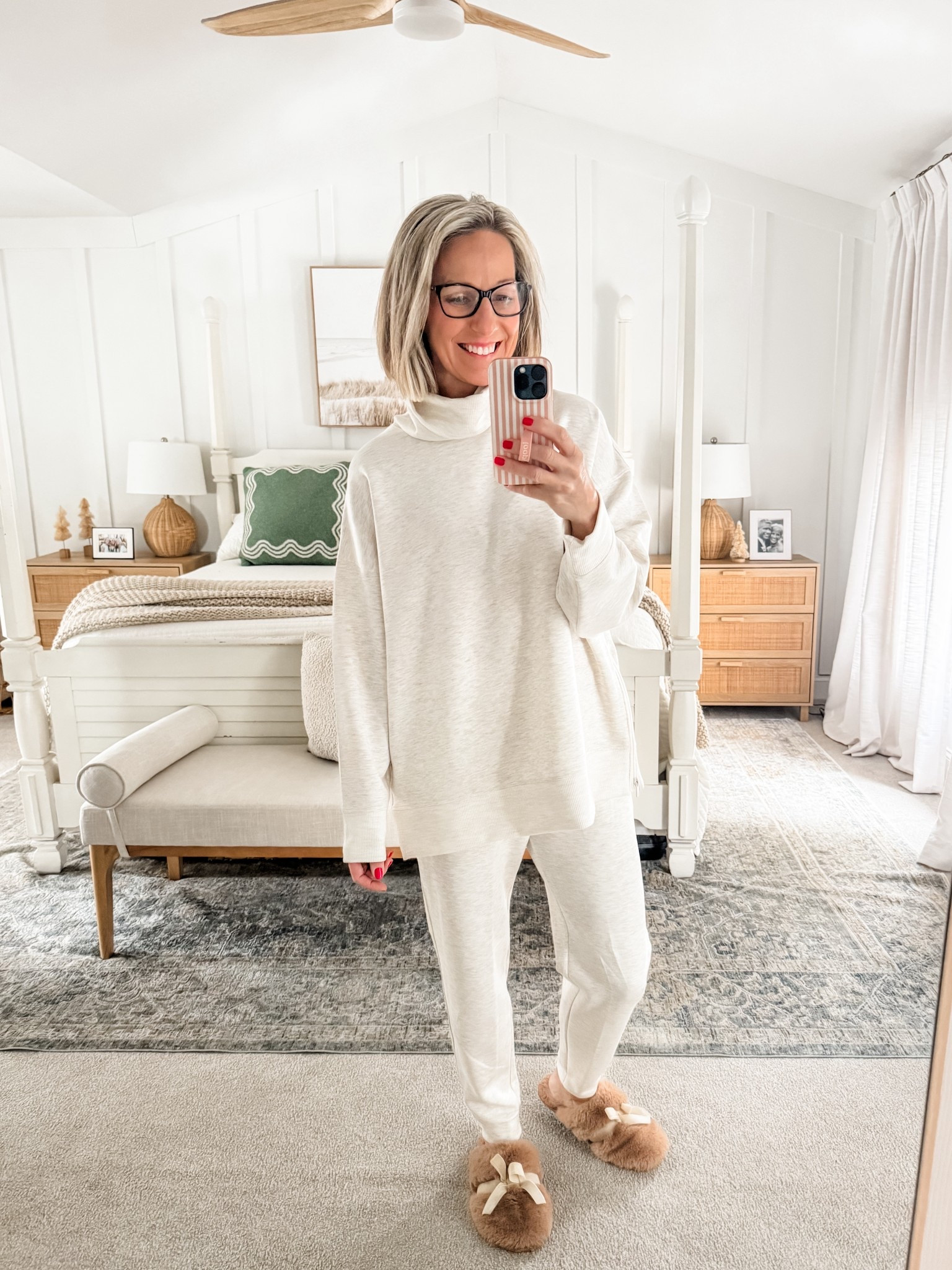 All in motion funnel neck sweatshirt 
Target matching set
Jogger sweatpants 
Plush scuff slippers
Christmas loungewear 
Bedroom decor
Throw pillow

Wearing a size small in both. 

#LTKOver40 #LTKHoliday #LTKSeasonal