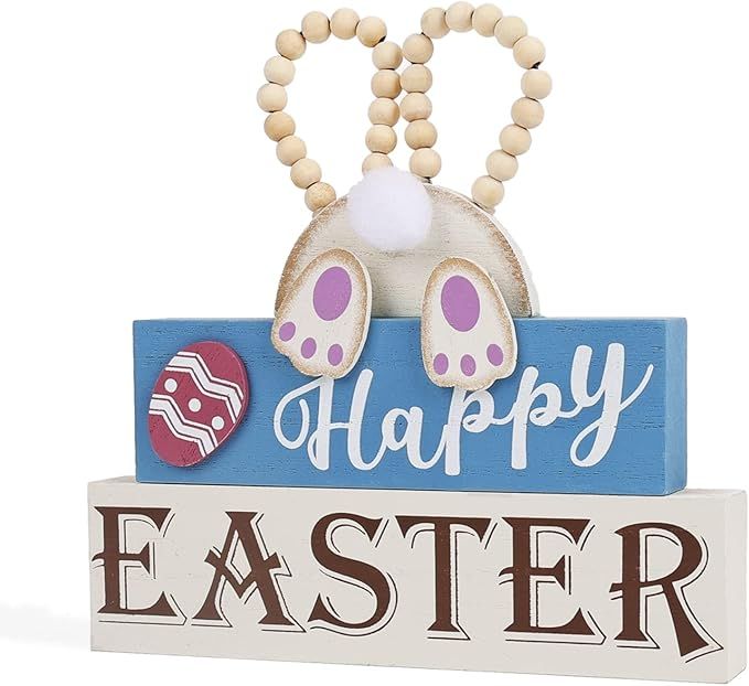 OYATON Easter Decorations for the Home - Rustic Spring Happy Easter Bunny Wood Sign Block with Eg... | Amazon (US)