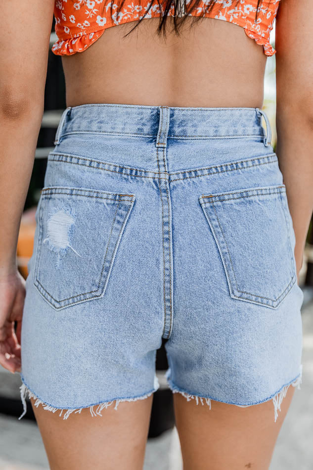 Perfect Love High Rise Light Wash Distressed Denim Shorts | Pink Lily