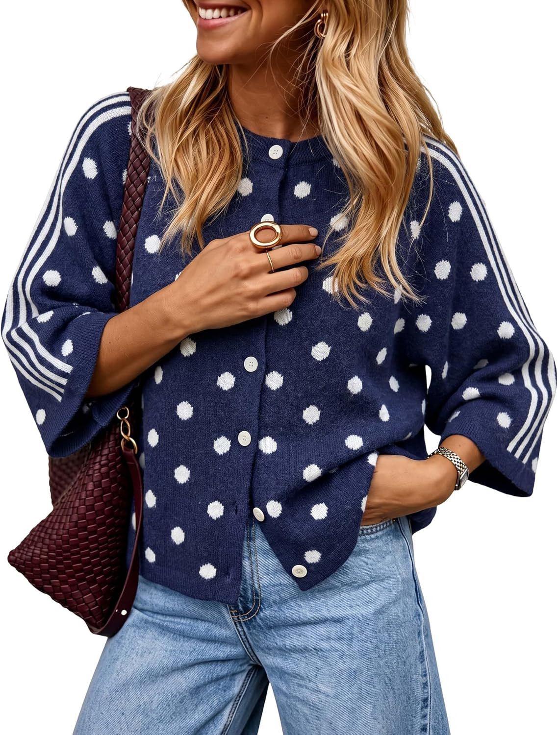 Yidarer Womens Oversized Polka Dot Cardigan Sweater Contrast Striped Sleeve | Amazon (US)