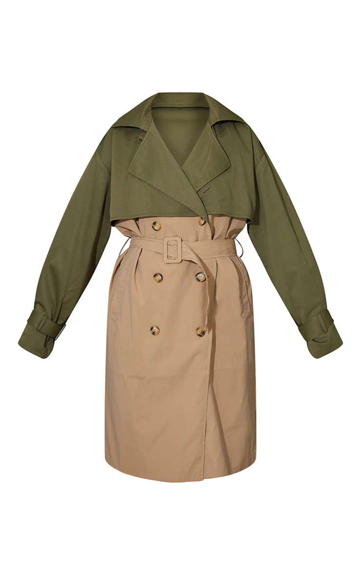 Khaki Contrast Oversized Belted Midi Trench Coat | PrettyLittleThing US