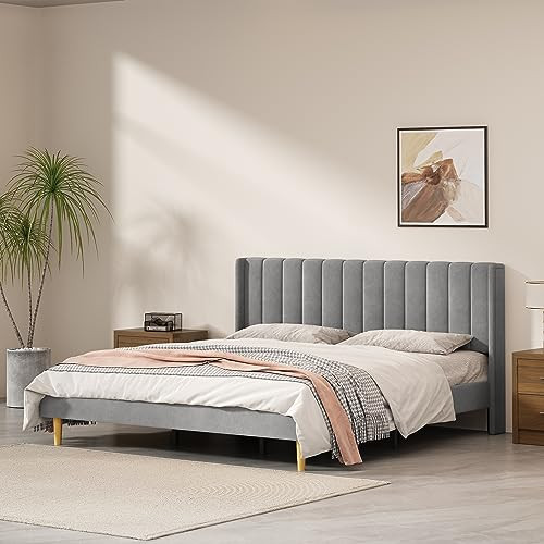 QNZK King Velvet Upholstered Platform Bed with Wingback Headboard, Grey | Amazon (US)