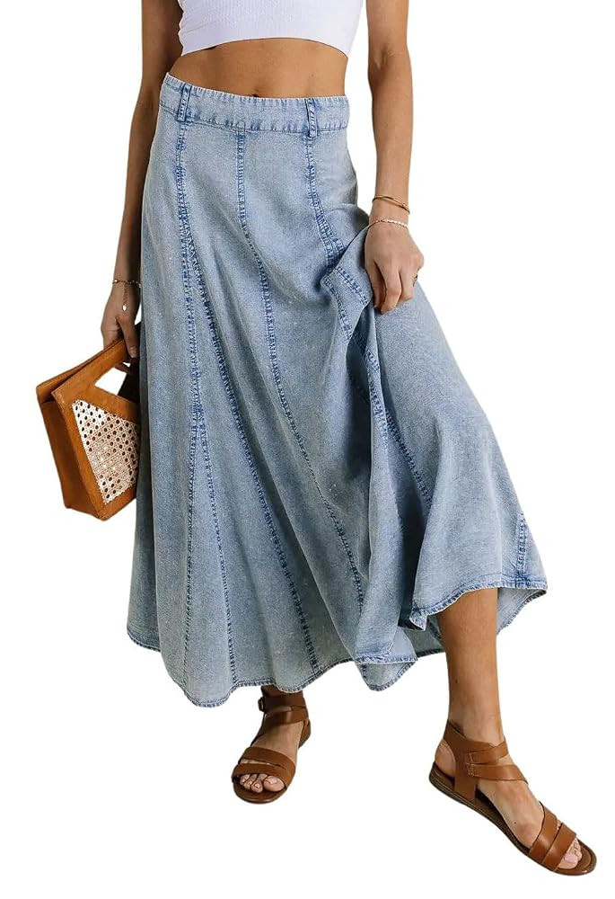 CHARTOU Women Vintage Long Denim Skirt Flowy Big Hem Slouchy Washed Jean Skirt | Amazon (US)