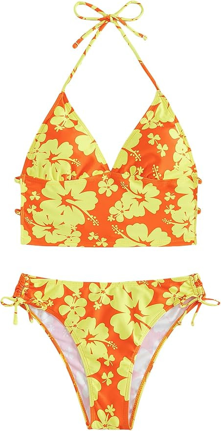 Floerns Women's 2 Piece Floral Print Halter Tie Back Crop Top and Bottoms Bikini Set | Amazon (US)