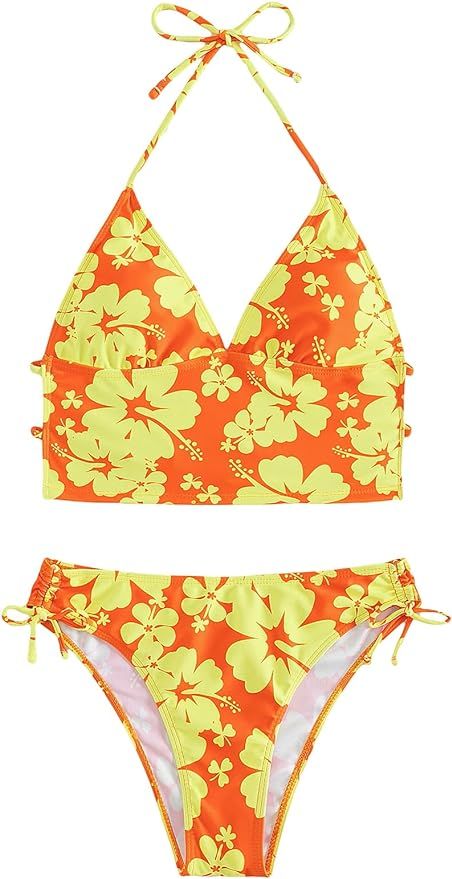 Floerns Women's 2 Piece Floral Print Halter Tie Back Crop Top and Bottoms Bikini Set | Amazon (US)