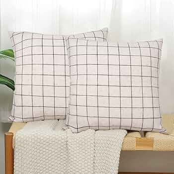 Basic Model Set of 2 Plaid Throw Pillow Covers Modern Farmhouse Decorative Square Linen Pillow Ca... | Amazon (US)