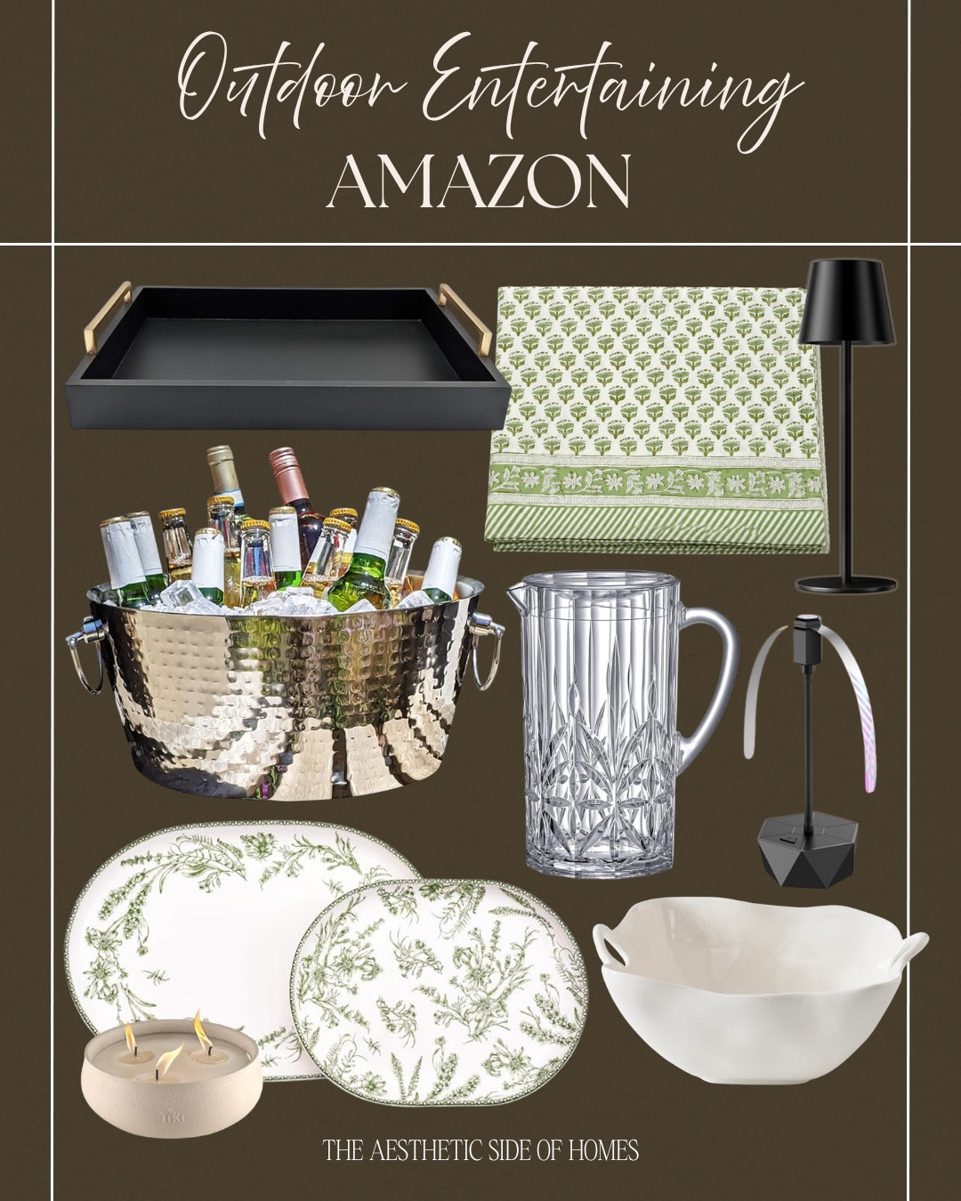 Outdoor entertaining includes decorative bowl, serving trays, citronella candle, pitcher, gold drink bucket, table cloth, and outdoor table lamp.

Home decor, looks for less, patio decor, outdoor entertainment

@amazonfindsandfashion

#LTKHome #LTKSeasonal #LTKSaleAlert