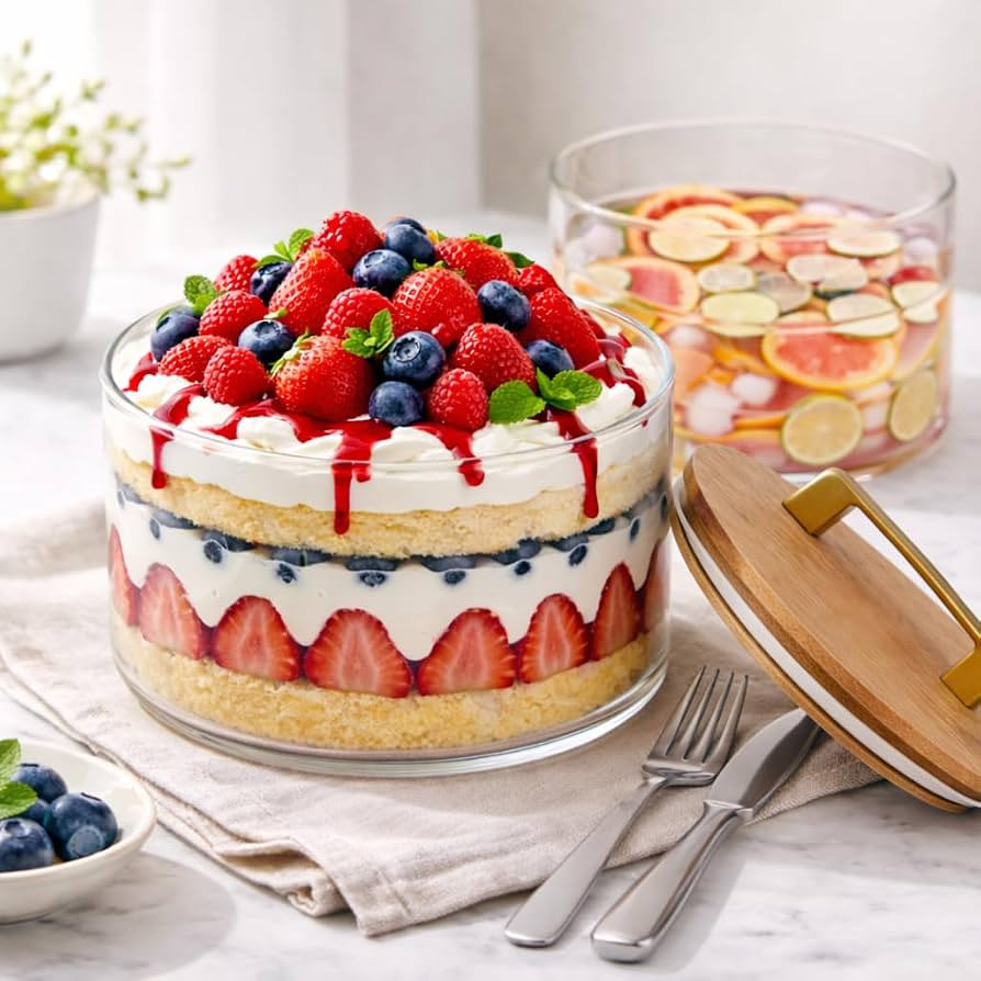 Glass Trifle Bowl, 91 oz Clear Dessert Bowl with Bamboo Lid | Amazon (US)