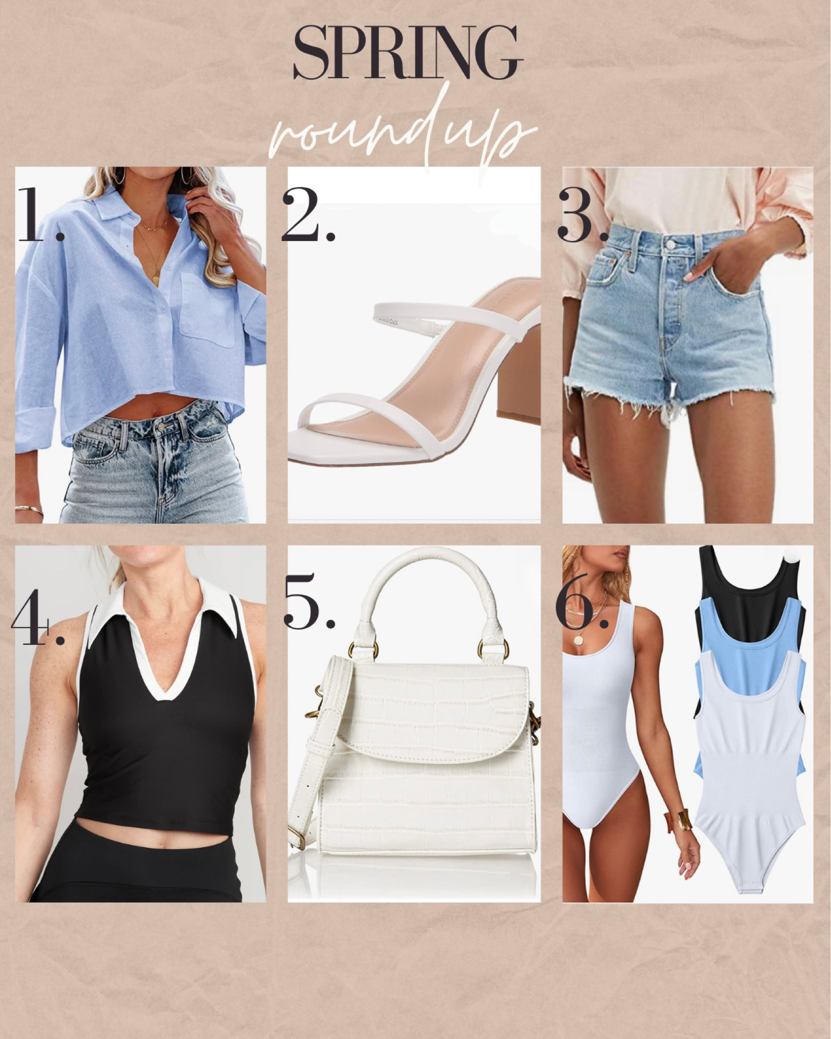Spring roundup
Crop button down shirt, jean shorts, white heels, shape wear bodysuits, crop collars shirt, white handbag, spring fashion, spring picks

#LTKSeasonal #LTKunder100 #LTKunder50